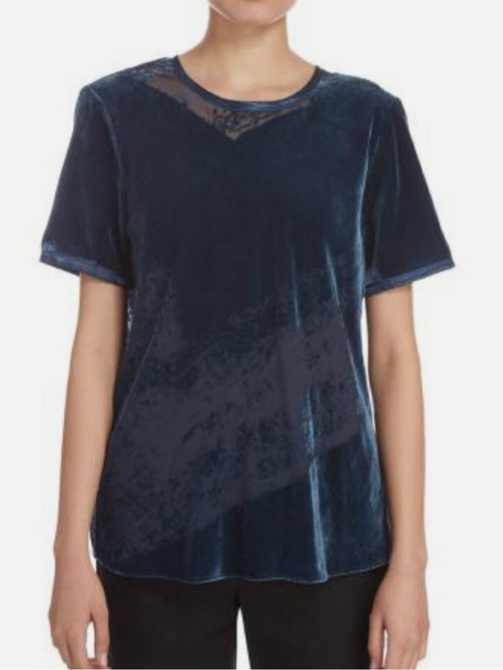 Donna Karan Sz M Shirt Blue Velvet Burnout Short-Sleeve Crewneck Top Classic